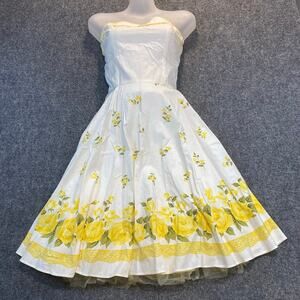 Vintage Steppin Out Women Medium White Yellow Rose Strapless Dress Fit Flare